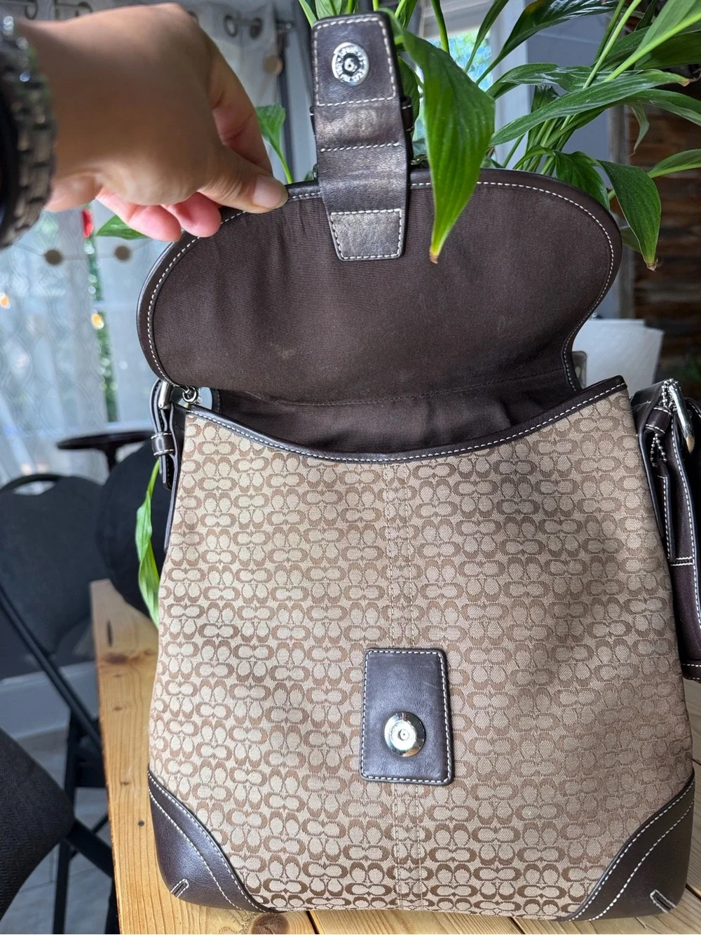 Coach Authentic Vintage Leather-Trim Brown Signature Crossbody Bag